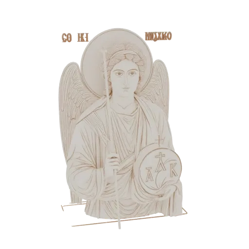 3D model of a relief sculpture of the Archangel Michael, holding a staff and a shield with Christian symbols.