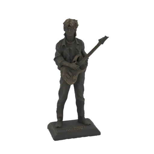3D model of a bronze-style rock guitarist playing an electric guitar, standing on a base with Cyrillic text.
