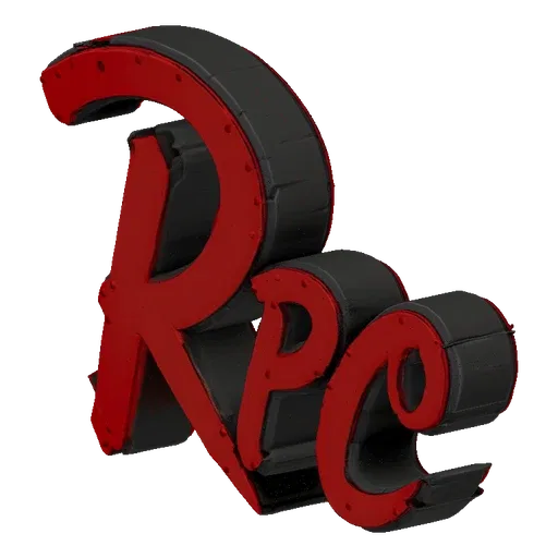 3D model of a bold red RPC logo with a black outline on a black background