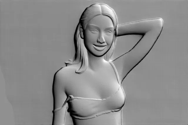 3D model of a girl in a swimsuit bas-relief, standing in a relaxed pose with her hand behind her head, smiling.