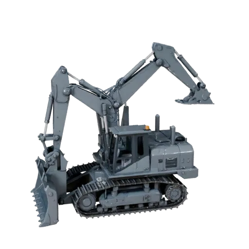 Mining Bulldozer Stylized 3D model, stylized isometric render, showing painted steel, large mechanical silhouettes.