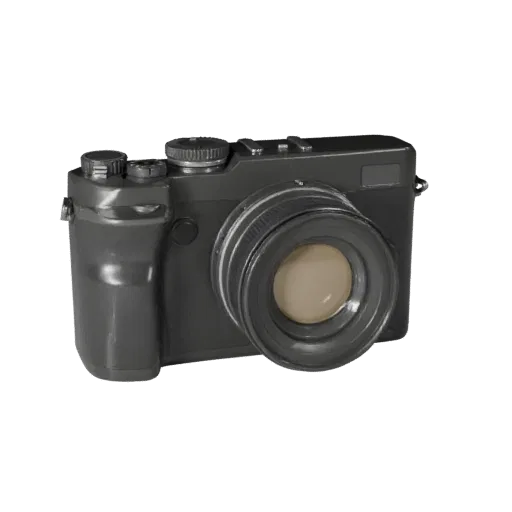 Cinema Video Camera 3D model, three-quarter front view, AR viewer studio render, showing textured grips, lens barrels.