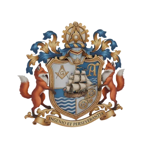 3D model of a Masonic coat of arms with a ship, two foxes, Masonic symbols, and the motto 'Ingenio Et Perseverantia'.