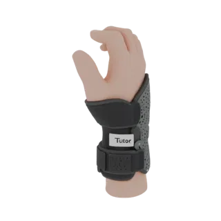 3D model of an orthopedic wrist brace tutor with perforation and Velcro fasteners, shown on a hand.