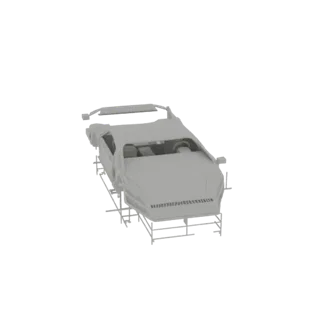3D model of a grey retro sports car frame elevated on a metal stand, viewed from a three-quarter angle.