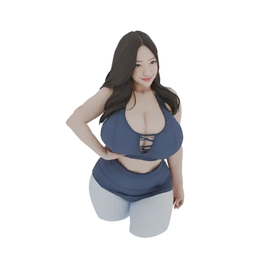 3D model of a curvy woman with long dark hair, wearing a blue lace-up swimsuit, posing with her hand on her hip.