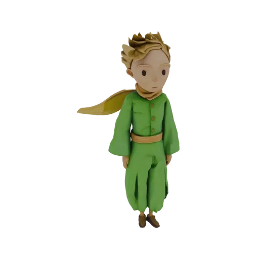 3D model of The Little Prince character, wearing a green tunic and yellow scarf, with golden hair.