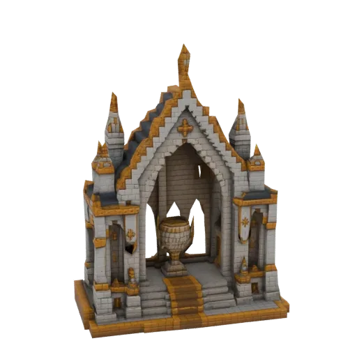Modelo 3D de um altar gótico com um cálice proeminente, apresentando texturas de pedra e detalhes dourados, sobre um fundo br