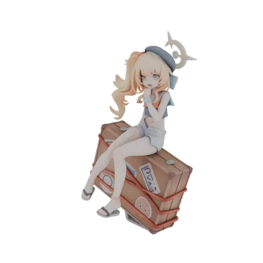 3D model of a blonde anime girl in a blue hat and summer clothes sitting on a vintage suitcase.