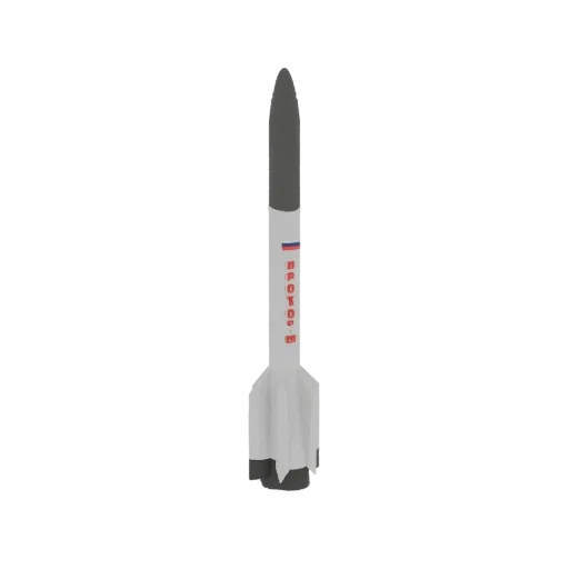 A 3D model of the Proton-K rocket, a tall, white and gray spacecraft with red lettering and a Russian flag, set against a bla