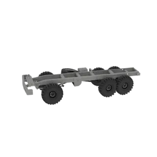 Modelo 3D de un chasis de camión pesado 6x6 gris con grandes neumáticos todoterreno, visto desde un ángulo lateral sobre un f