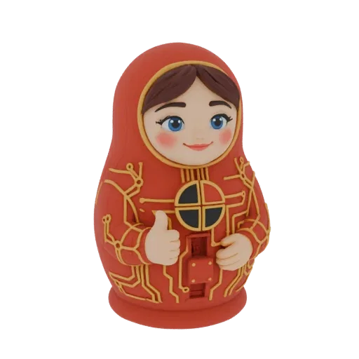 3D model of a red Matryoshka doll with yellow circuit board patterns and a friendly face, giving a thumbs-up.