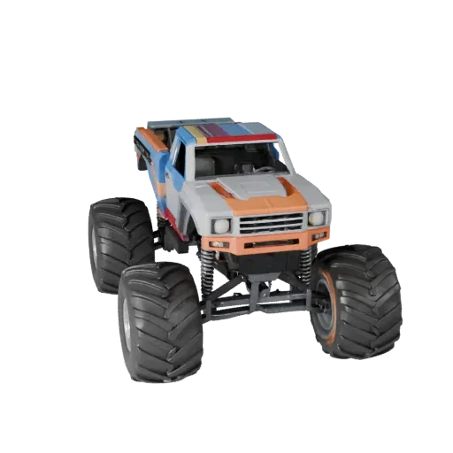 Modello 3D Monster Truck, viewport di gioco a tre quarti, asset veicolo pronto per Unity con silhouette costruita appositamen