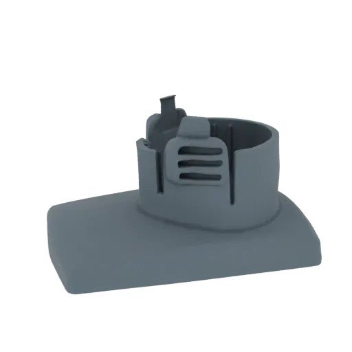 3D model render of a gray vacuum cleaner base attachment with a flat base and a raised housing.