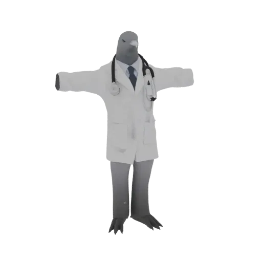 3D model of a pigeon wearing a white doctor's coat and stethoscope, standing in a T-pose.