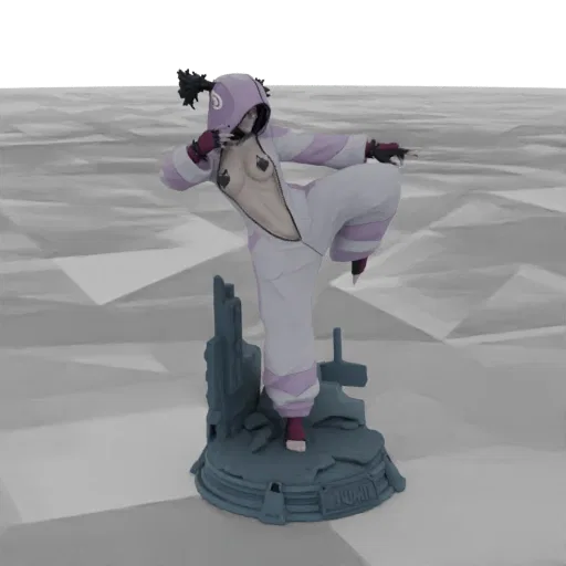 3D model of a female martial artist kunoichi in a dynamic kicking pose, wearing a hooded outfit with purple accents, standing
