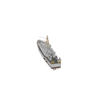 Vue de dessus inclinée d'une maquette 3D d'un bateau patrouille blanc moderne avec une bande de flottaison rouge, sur fond bl