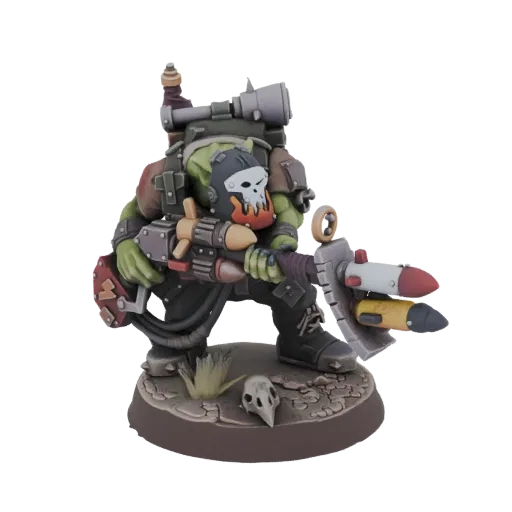 3D-Modell eines grün-häutigen Ork-Kriegers in Kampfhaltung, der einen großen, selbstgebauten Raketenwerfer mit mehreren Raket