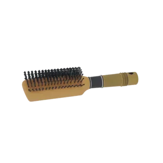 Modelo 3D de un cepillo para cabello con cerdas amarillas y negras, visto de lado sobre un fondo blanco.