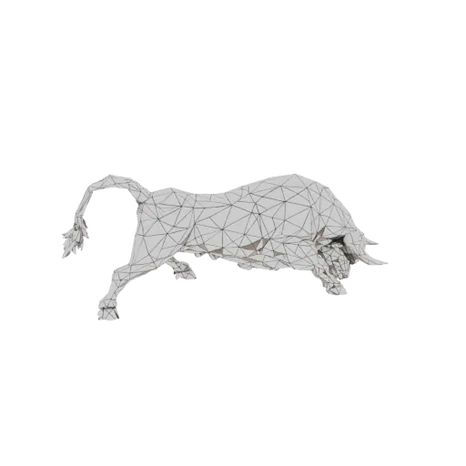A low poly 3D model of a bull, shown with a wireframe overlay, in a charging pose against a white background.