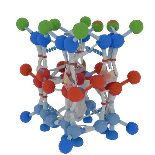 Organic Crystal Lattice High Poly 3D model, close-up studio render, showing colored spheres, molecule layout.