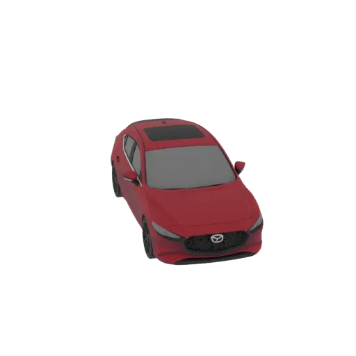 Una renderización 3D de un Mazda 3 hatchback rojo, vista desde un ángulo frontal izquierdo ligeramente elevado sobre un fondo