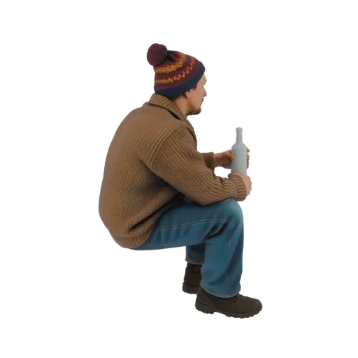 3D model of a man wearing a striped beanie and brown sweater, sitting down and holding a white bottle.