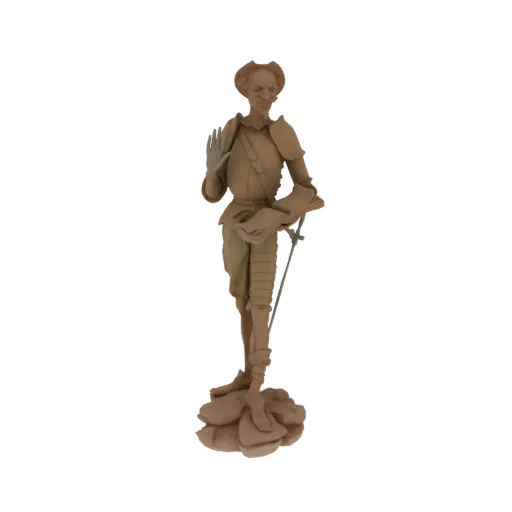 3D model of Don Quixote standing on a rocky base, holding a book and raising one hand.