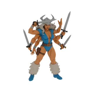 3D model of a six-armed warrior woman with a blue leotard, helmet, and multiple swords, posed dynamically.
