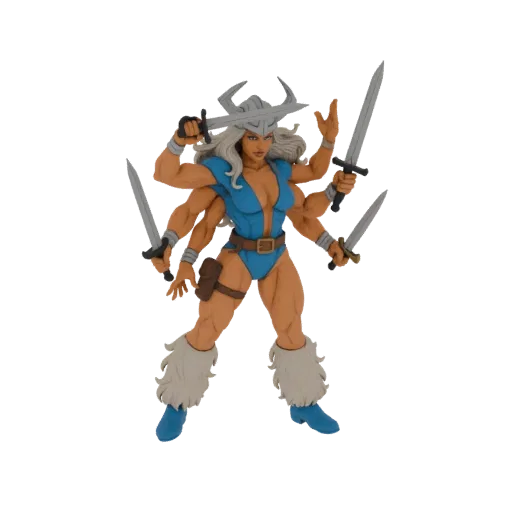3D model of a six-armed warrior woman with a blue leotard, helmet, and multiple swords, posed dynamically.