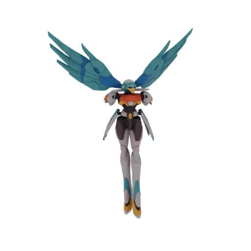 3D model of a futuristic avian mech warrior with blue wings, a beak-like helmet, and a sleek armored body.
