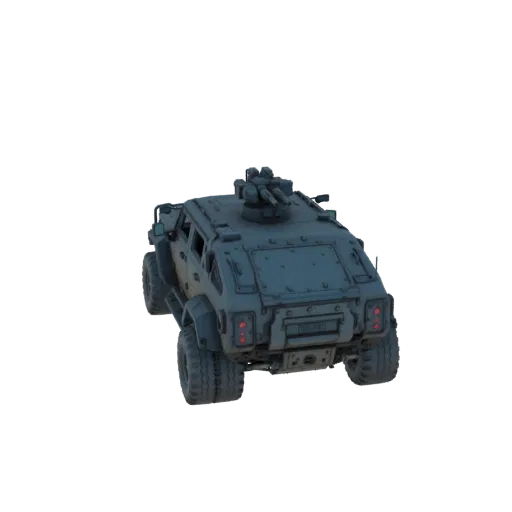 Rear view of a dark gray armored tactical vehicle with a mounted machine gun turret, isolated on a black background.