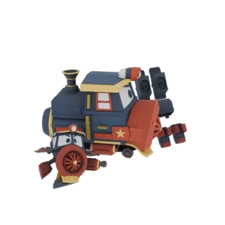 3D model of a cartoon steam train with a blue body, red front, and two mechanical arms, featuring large cartoon eyes.