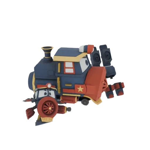 Modèle 3D de train à vapeur cartoon avec corps bleu, avant rouge et deux bras mécaniques, doté de grands yeux cartoon.