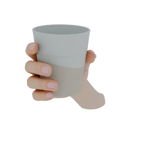 A 3D render of a hand holding a light grey and beige two-tone cup against a black background.