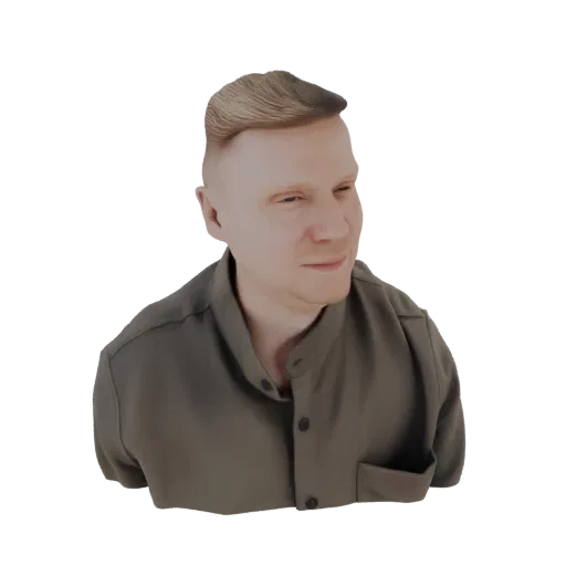 3D model render of a stylized man's bust with short, textured blonde hair and a grey collared shirt, shown from the chest up.