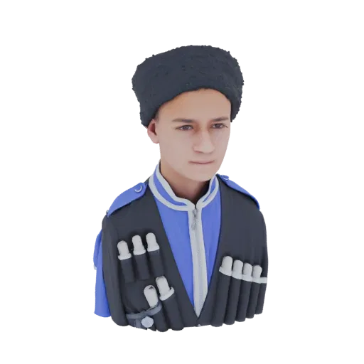 3D model bust of a young man wearing a traditional Circassian costume, featuring a black papakha hat and a blue and black che