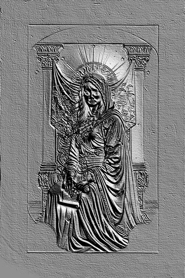 3D model of Virgin Mary bas-relief in engraving style, with dramatic lighting and high detail.