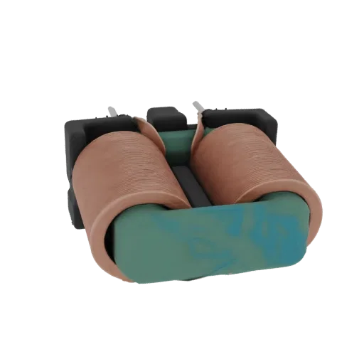 3D model of a dual-coil toroidal inductor with copper windings and a green ferrite core, mounted on a black base with pins.