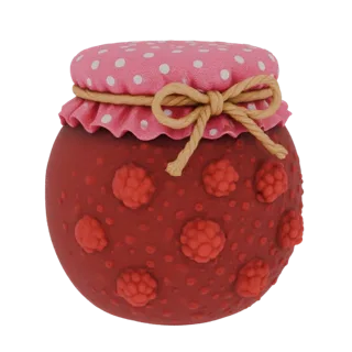 3D-Modell eines runden Glases gefüllt mit roter Himbeermarmelade, mit ganzen Himbeeren und einem pinken Tupfen-Stoffdeckel, g