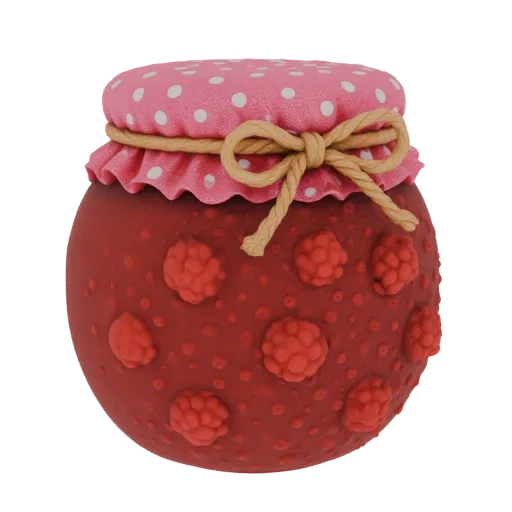 3D model of a round jar filled with red raspberry jam, featuring whole raspberries and a pink polka dot fabric lid tied with