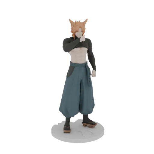 3D model of an anime wolf character with muscular abs, teal pants, and wolf ears, standing on a display base.