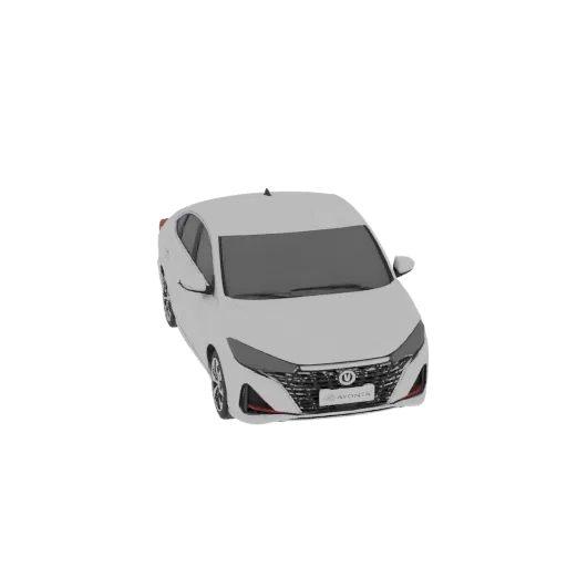 A 3D model of a modern white sedan with a dark grille, viewed from a slightly elevated front-right angle.
