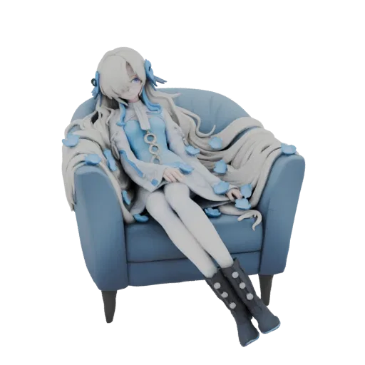 3D model of a serene anime girl with long white hair, wearing a blue and white outfit, sitting gracefully on a blue armchair,