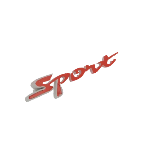 3D model of a red 'Sport' emblem with a metallic sheen and italicized font, angled against a black background.