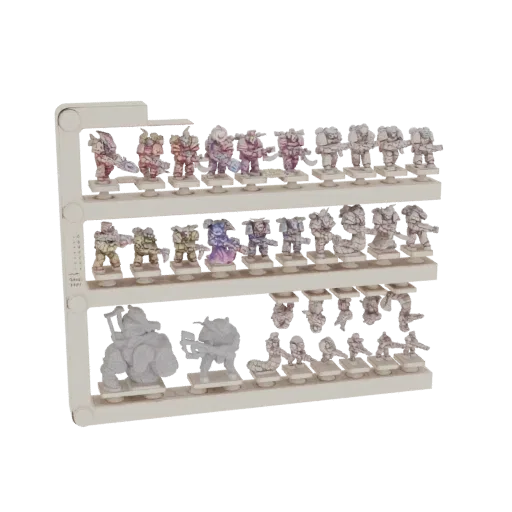 Modèle 3D d'une étagère d'exposition pour soldats miniatures Sci-Fi remplie de diverses figurines détaillées dans différentes