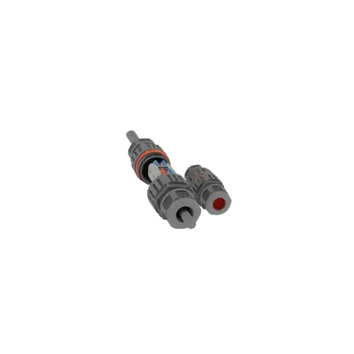 Modelo 3D de un set de conectores solares macho y hembra, con carcasa gris y acentos naranjas y rojos.