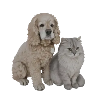 Un rendering 3D di un Cocker Spaniel marrone chiaro seduto accanto a un gatto Persiano grigio e soffice su uno sfondo bianco.