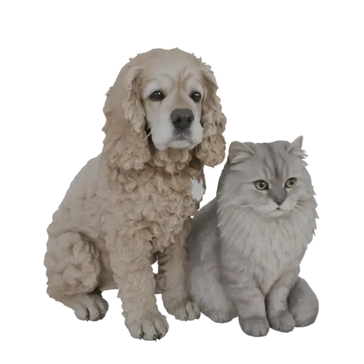 Uma renderização 3D de um Cocker Spaniel marrom claro sentado ao lado de um gato Persa cinza e fofo em um fundo branco.