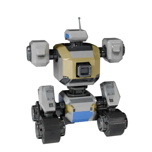 Crawler Style Robot Low Poly 3D model, game viewport three-quarter view, showing metal frames, robot form.